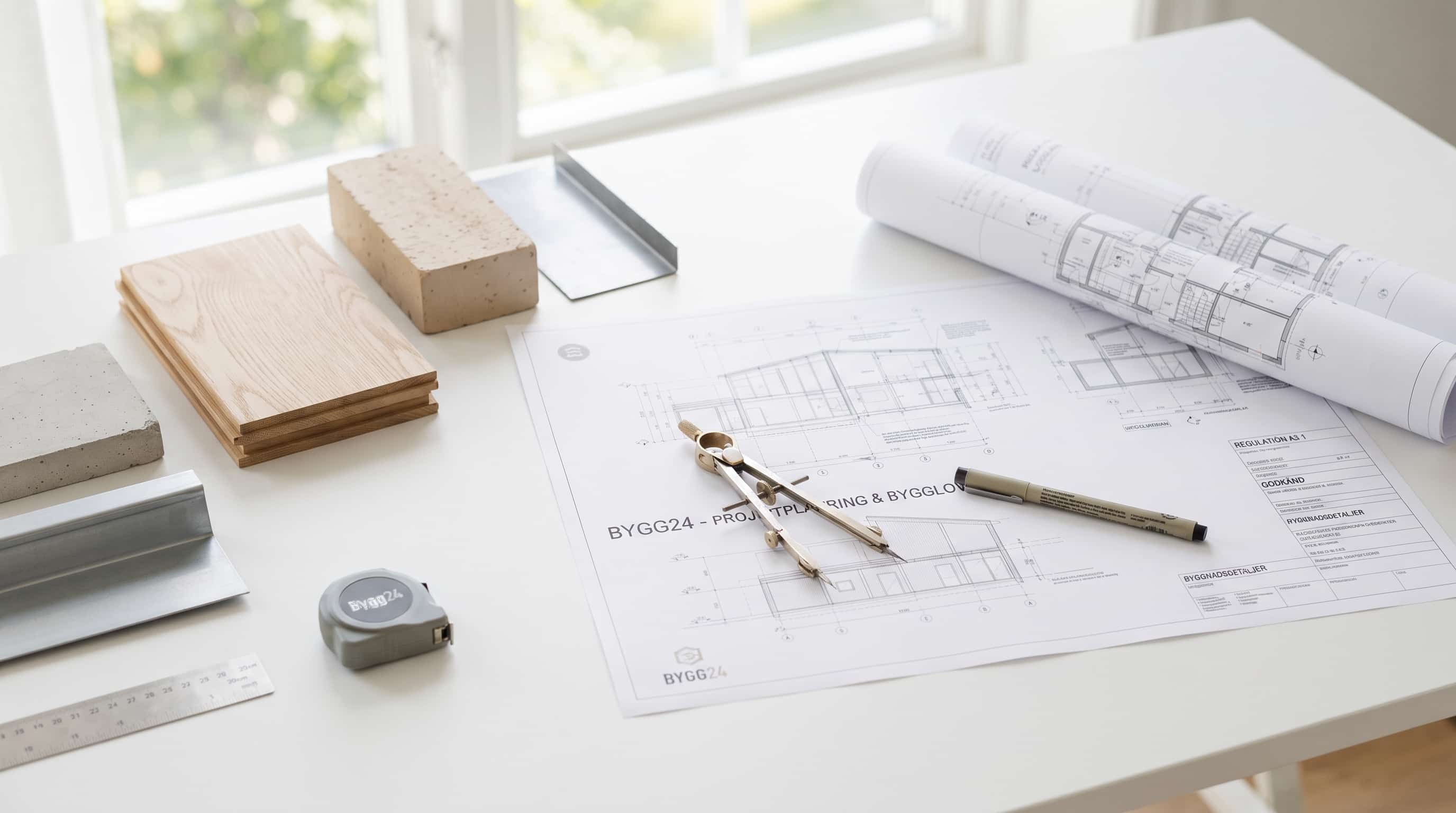 Byggetegninger, trelast, murstein og beslag lagt frem på et arbeidsbord